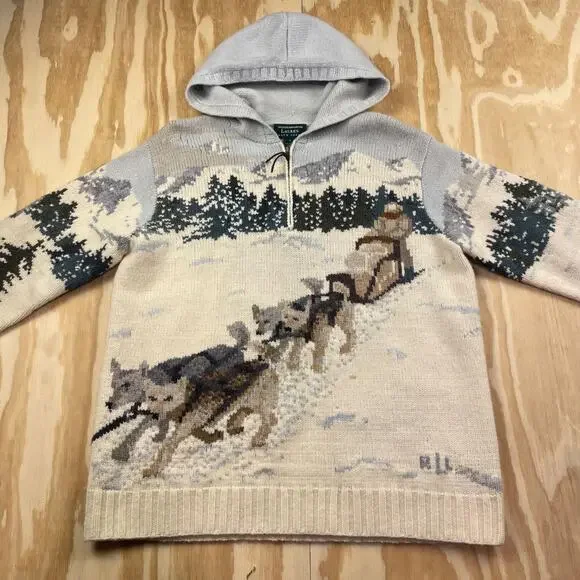 Vintage 90's Lauren Ralph Lauren Dog Sled Mural Hooded Sweater Jacket –Women’s L - Picture 8 of 8